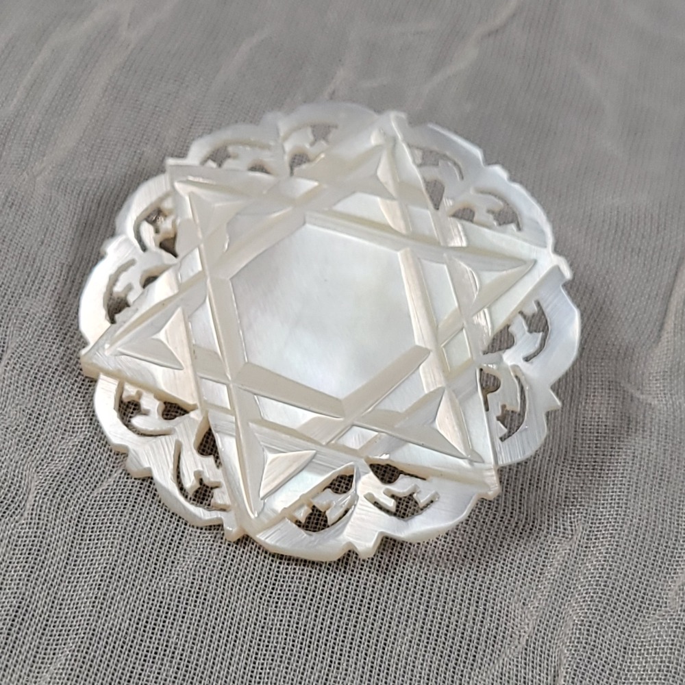 Star of David Brooch Pin White MOP Hand Carved Bethlehem Lace Jewelry